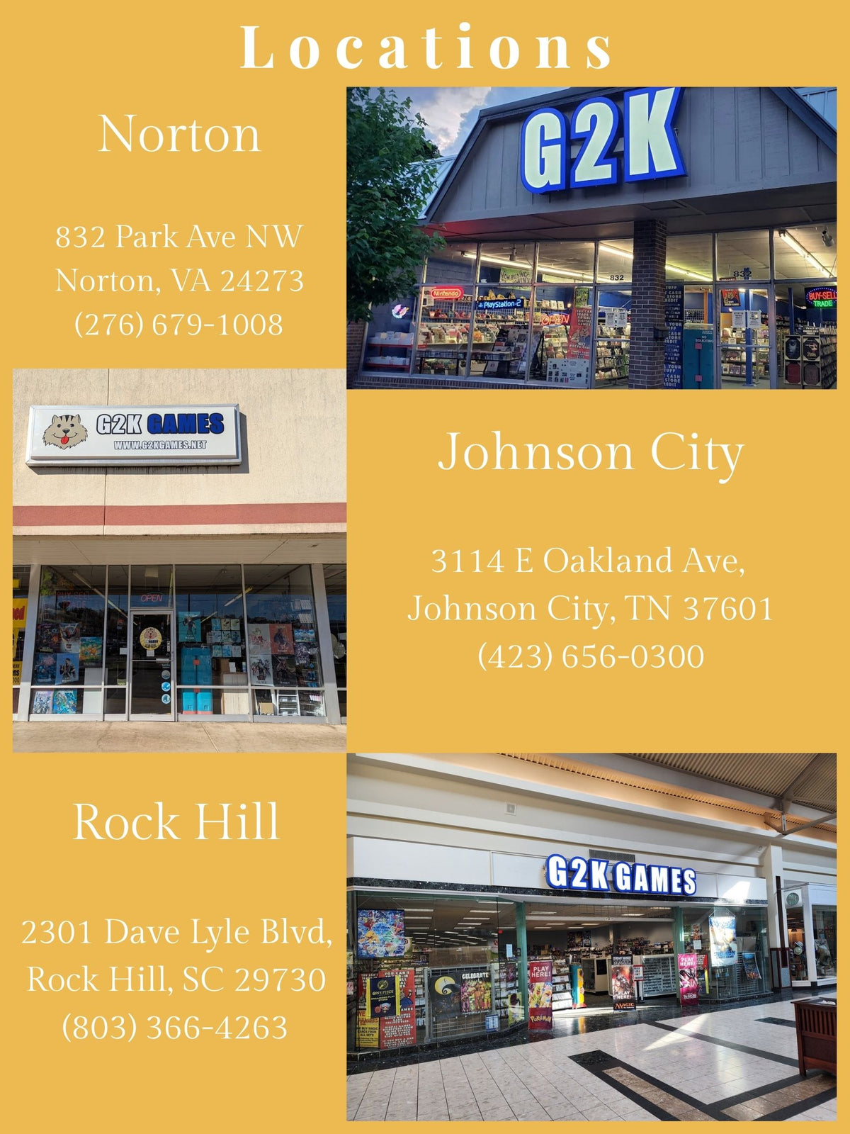 Locations and Store Hours – G2K GAMES